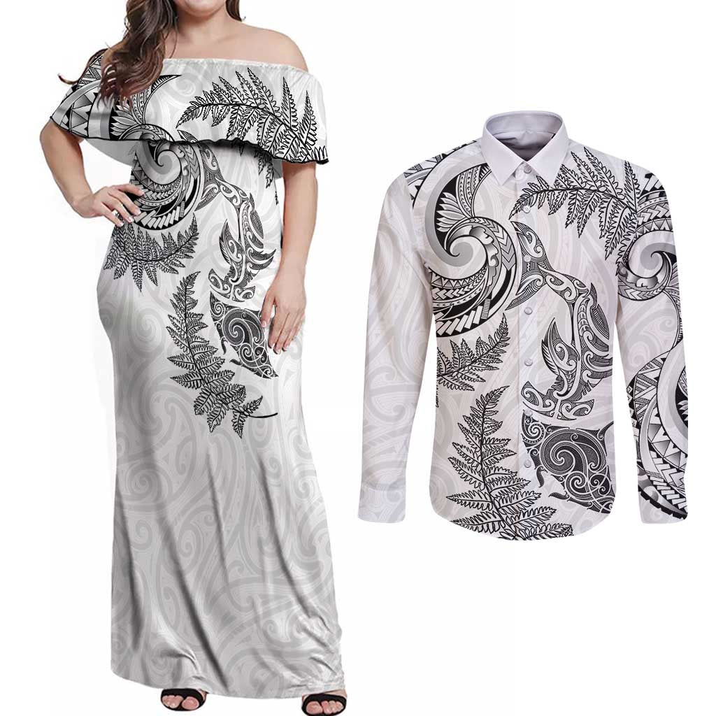 New Zealand Sea Animals with Maori Tribal Tattoo Couples Matching Off Shoulder Maxi Dress and Long Sleeve Button Shirt Shark Manta Ray with Silver Fern White LT03 White - Polynesian Pride