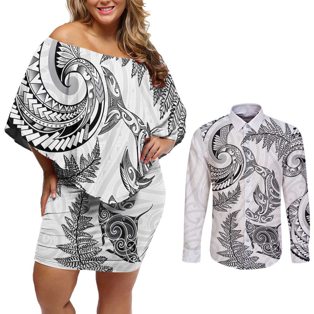 New Zealand Sea Animals with Maori Tribal Tattoo Couples Matching Off Shoulder Short Dress and Long Sleeve Button Shirt Shark Manta Ray with Silver Fern White LT03 White - Polynesian Pride
