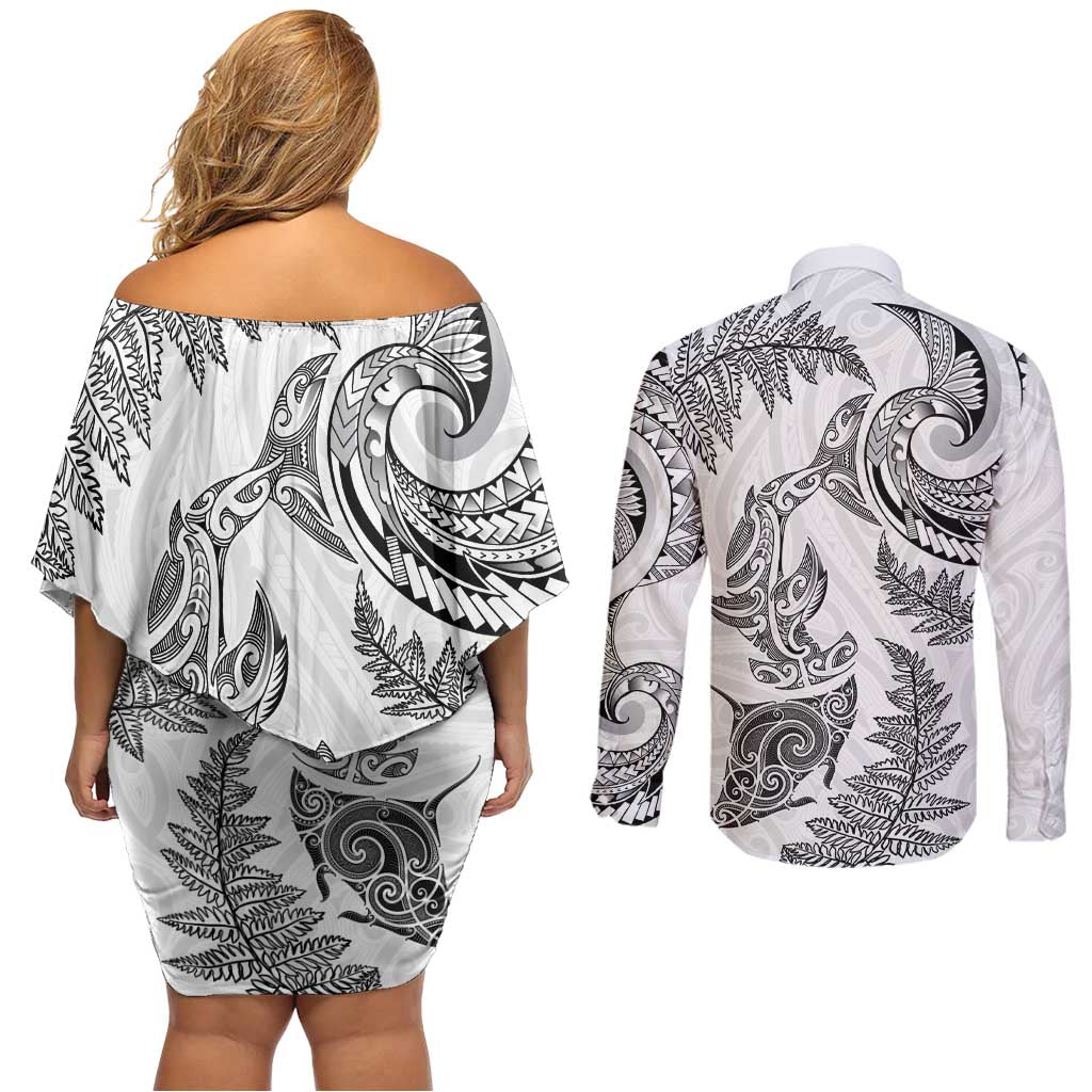 New Zealand Sea Animals with Maori Tribal Tattoo Couples Matching Off Shoulder Short Dress and Long Sleeve Button Shirt Shark Manta Ray with Silver Fern White LT03 - Polynesian Pride