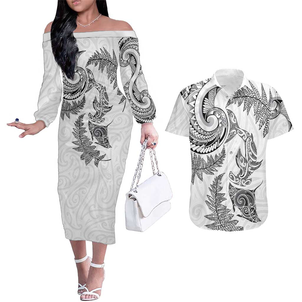 New Zealand Sea Animals with Maori Tribal Tattoo Couples Matching Off The Shoulder Long Sleeve Dress and Hawaiian Shirt Shark Manta Ray with Silver Fern White LT03 White - Polynesian Pride