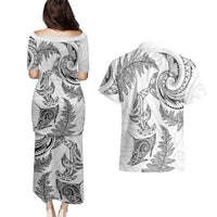 New Zealand Sea Animals with Maori Tribal Tattoo Couples Matching Puletasi and Hawaiian Shirt Shark Manta Ray with Silver Fern White LT03 - Polynesian Pride