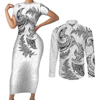 New Zealand Sea Animals with Maori Tribal Tattoo Couples Matching Short Sleeve Bodycon Dress and Long Sleeve Button Shirt Shark Manta Ray with Silver Fern White LT03 White - Polynesian Pride