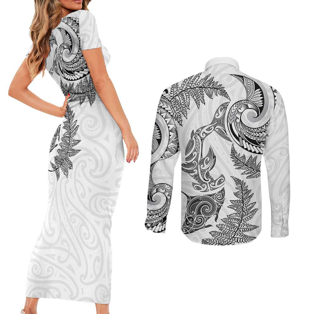 New Zealand Sea Animals with Maori Tribal Tattoo Couples Matching Short Sleeve Bodycon Dress and Long Sleeve Button Shirt Shark Manta Ray with Silver Fern White LT03 - Polynesian Pride