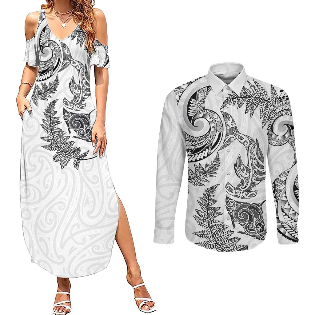 New Zealand Sea Animals with Maori Tribal Tattoo Couples Matching Summer Maxi Dress and Long Sleeve Button Shirt Shark Manta Ray with Silver Fern White LT03 White - Polynesian Pride