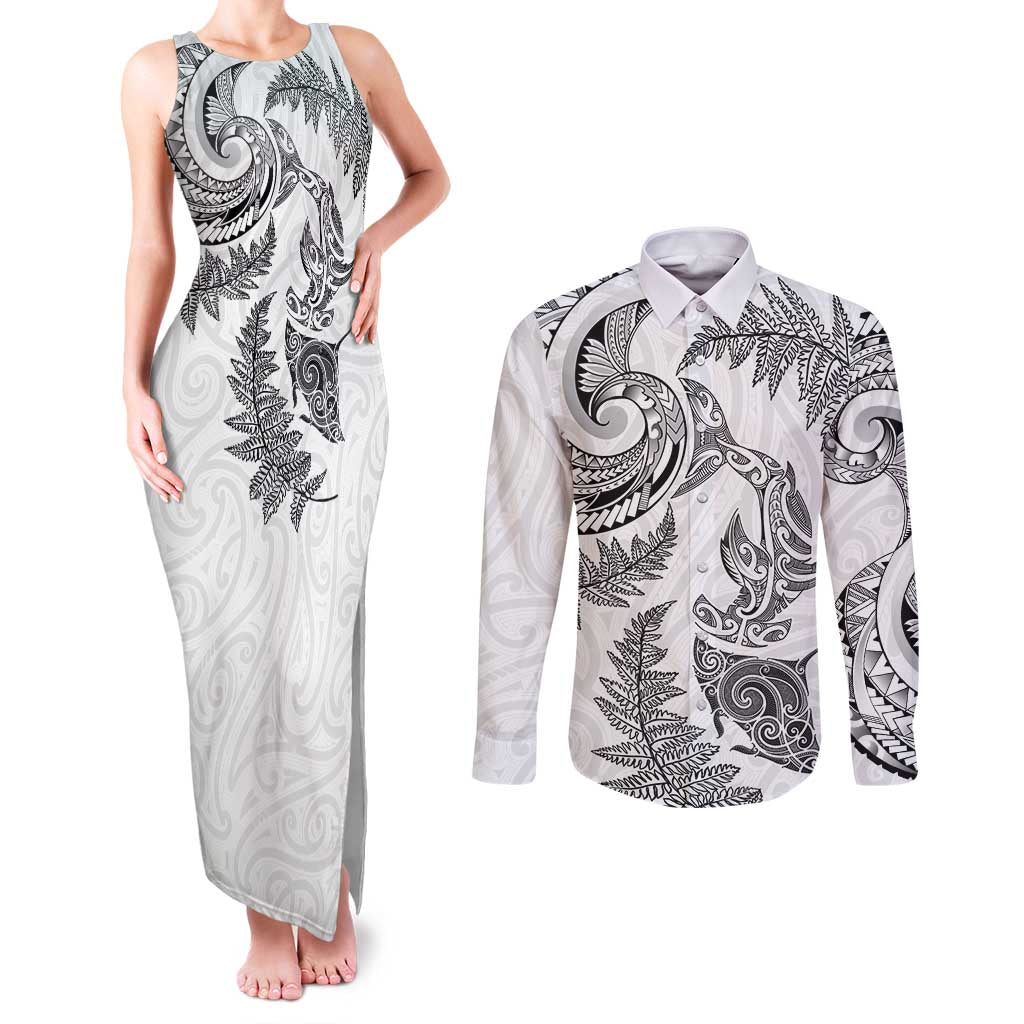 New Zealand Sea Animals with Maori Tribal Tattoo Couples Matching Tank Maxi Dress and Long Sleeve Button Shirt Shark Manta Ray with Silver Fern White LT03 White - Polynesian Pride