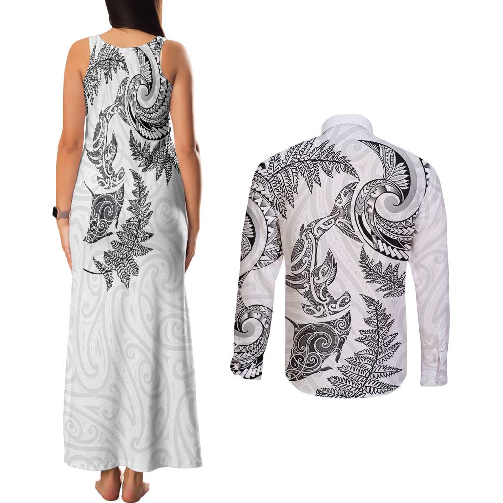 New Zealand Sea Animals with Maori Tribal Tattoo Couples Matching Tank Maxi Dress and Long Sleeve Button Shirt Shark Manta Ray with Silver Fern White LT03 - Polynesian Pride