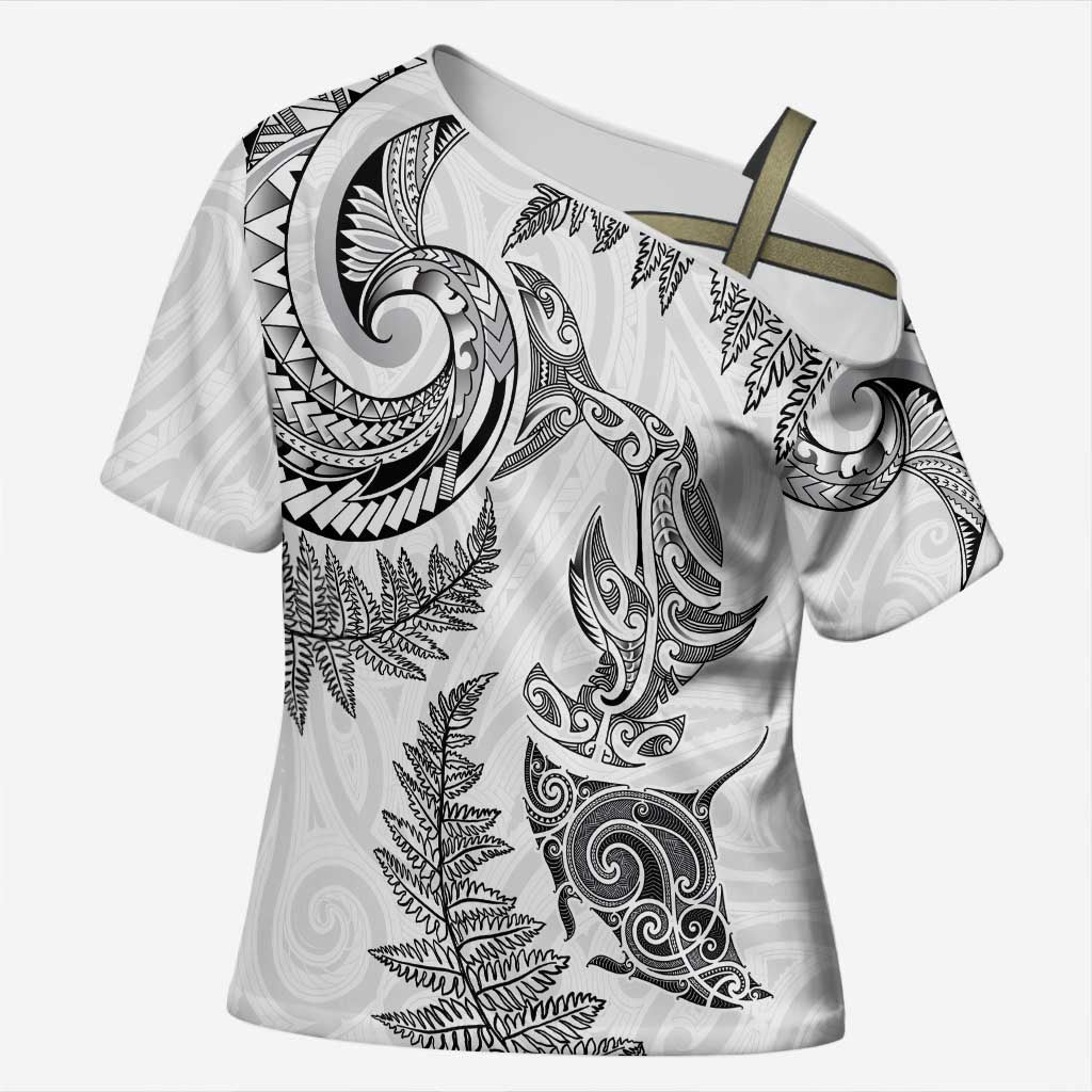 New Zealand Sea Animals with Maori Tribal Tattoo Cross Shoulder Shirt Shark Manta Ray with Silver Fern White LT03 Female White - Polynesian Pride