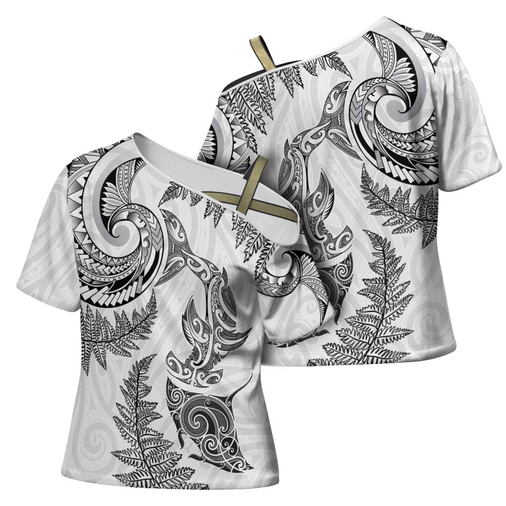 New Zealand Sea Animals with Maori Tribal Tattoo Cross Shoulder Shirt Shark Manta Ray with Silver Fern White LT03 - Polynesian Pride