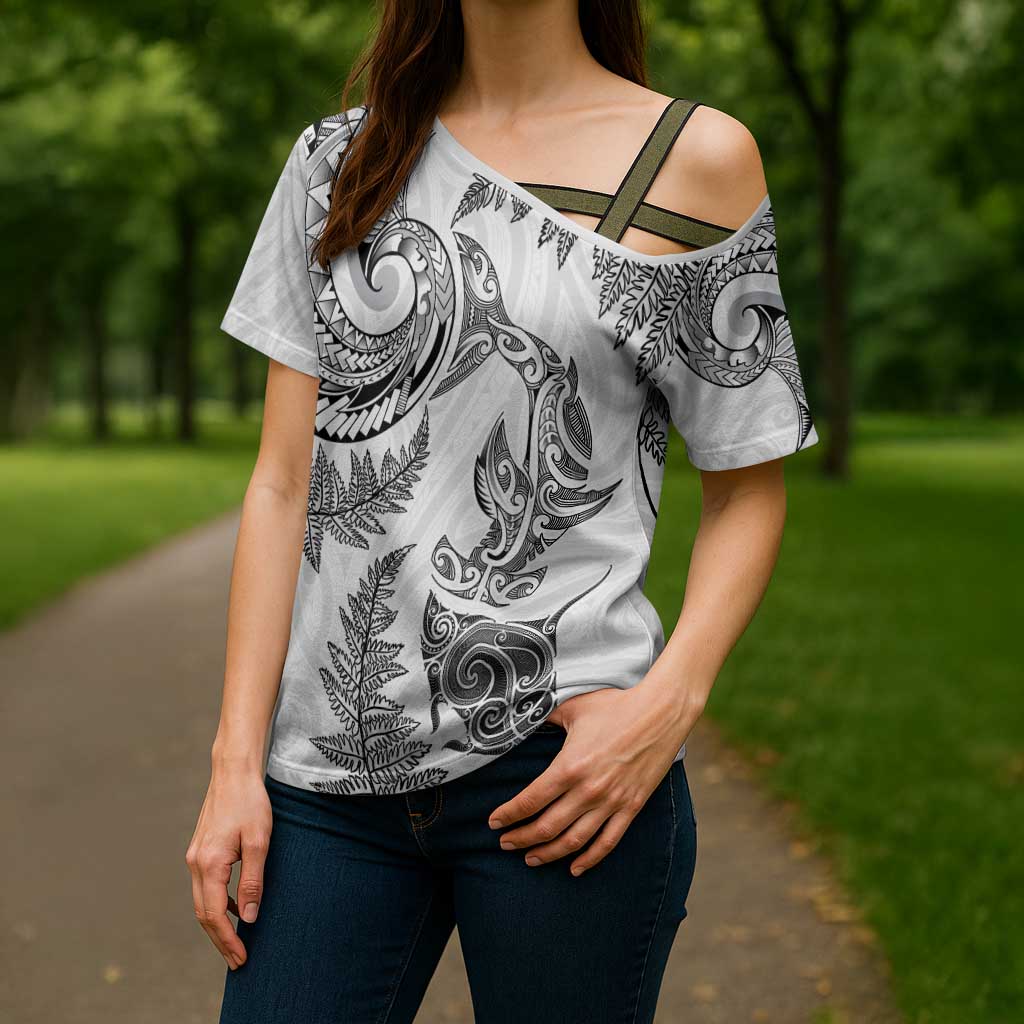 New Zealand Sea Animals with Maori Tribal Tattoo Cross Shoulder Shirt Shark Manta Ray with Silver Fern White LT03 - Polynesian Pride