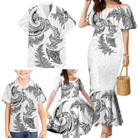 New Zealand Sea Animals with Maori Tribal Tattoo Family Matching Mermaid Dress and Hawaiian Shirt Shark Manta Ray with Silver Fern White LT03 - Polynesian Pride