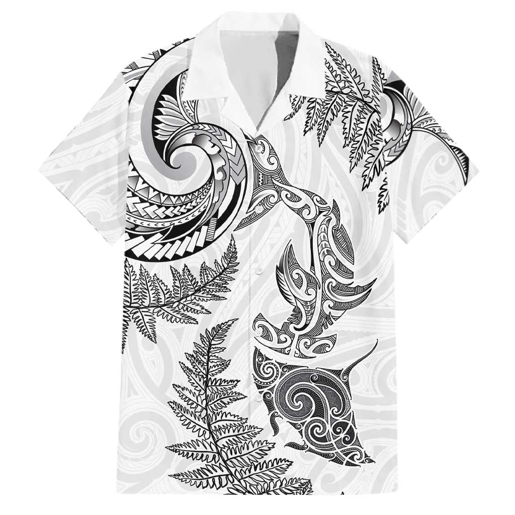 New Zealand Sea Animals with Maori Tribal Tattoo Family Matching Mermaid Dress and Hawaiian Shirt Shark Manta Ray with Silver Fern White LT03 Dad's Shirt - Short Sleeve White - Polynesian Pride