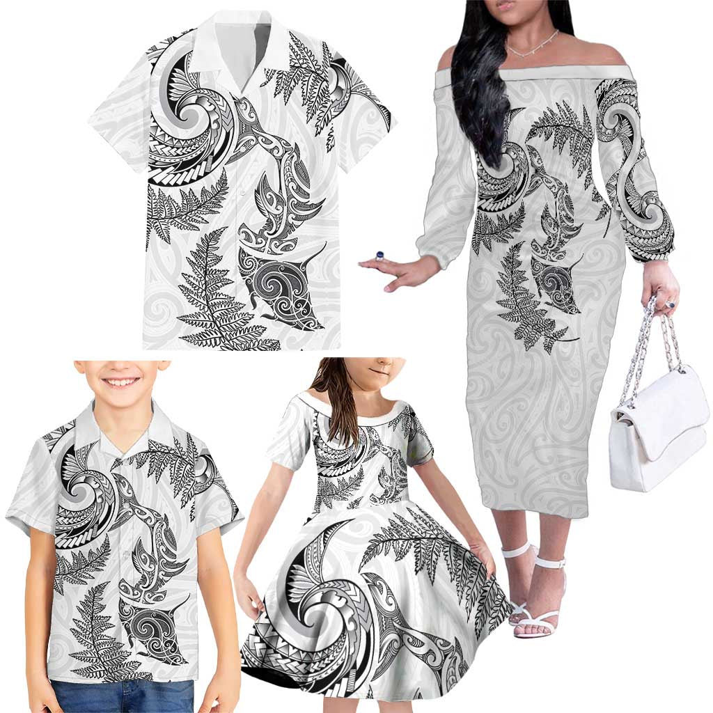 New Zealand Sea Animals with Maori Tribal Tattoo Family Matching Off The Shoulder Long Sleeve Dress and Hawaiian Shirt Shark Manta Ray with Silver Fern White LT03 - Polynesian Pride