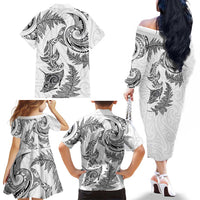 New Zealand Sea Animals with Maori Tribal Tattoo Family Matching Off The Shoulder Long Sleeve Dress and Hawaiian Shirt Shark Manta Ray with Silver Fern White LT03 - Polynesian Pride