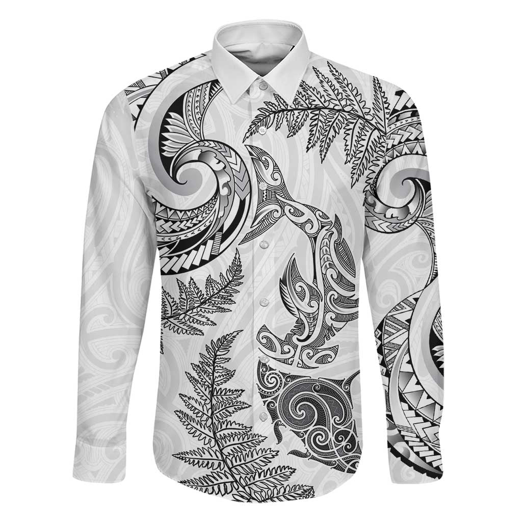 New Zealand Sea Animals with Maori Tribal Tattoo Family Matching Off The Shoulder Long Sleeve Dress and Hawaiian Shirt Shark Manta Ray with Silver Fern White LT03 Dad's Shirt - Long Sleeve White - Polynesian Pride