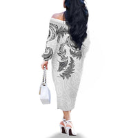 New Zealand Sea Animals with Maori Tribal Tattoo Family Matching Off The Shoulder Long Sleeve Dress and Hawaiian Shirt Shark Manta Ray with Silver Fern White LT03 - Polynesian Pride