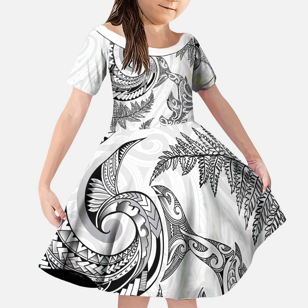 New Zealand Sea Animals with Maori Tribal Tattoo Family Matching Off Shoulder Maxi Dress and Hawaiian Shirt Shark Manta Ray with Silver Fern White LT03 Daughter's Dress White - Polynesian Pride