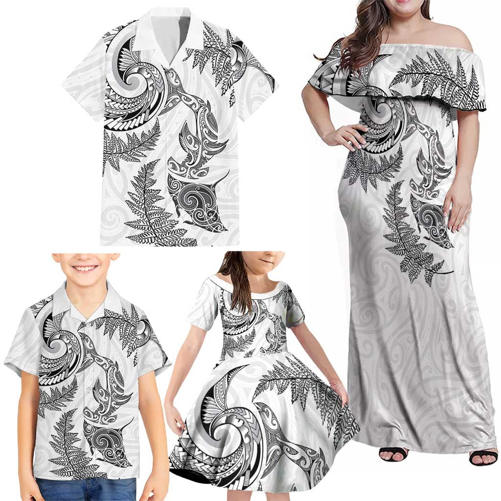New Zealand Sea Animals with Maori Tribal Tattoo Family Matching Off Shoulder Maxi Dress and Hawaiian Shirt Shark Manta Ray with Silver Fern White