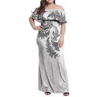 New Zealand Sea Animals with Maori Tribal Tattoo Family Matching Off Shoulder Maxi Dress and Hawaiian Shirt Shark Manta Ray with Silver Fern White LT03 Mom's Dress White - Polynesian Pride