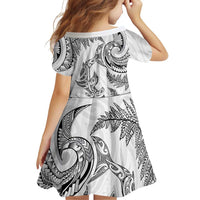 New Zealand Sea Animals with Maori Tribal Tattoo Family Matching Off Shoulder Short Dress and Hawaiian Shirt Shark Manta Ray with Silver Fern White LT03 - Polynesian Pride