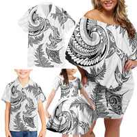 New Zealand Sea Animals with Maori Tribal Tattoo Family Matching Off Shoulder Short Dress and Hawaiian Shirt Shark Manta Ray with Silver Fern White LT03 - Polynesian Pride