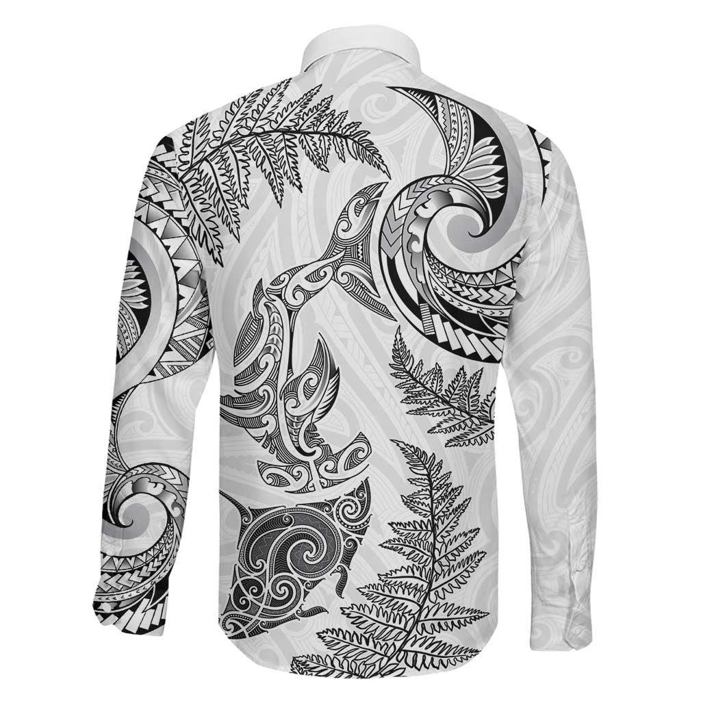 New Zealand Sea Animals with Maori Tribal Tattoo Family Matching Off Shoulder Short Dress and Hawaiian Shirt Shark Manta Ray with Silver Fern White LT03 - Polynesian Pride