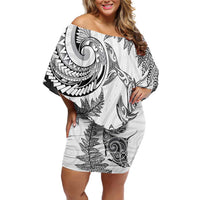 New Zealand Sea Animals with Maori Tribal Tattoo Family Matching Off Shoulder Short Dress and Hawaiian Shirt Shark Manta Ray with Silver Fern White LT03 Mom's Dress White - Polynesian Pride