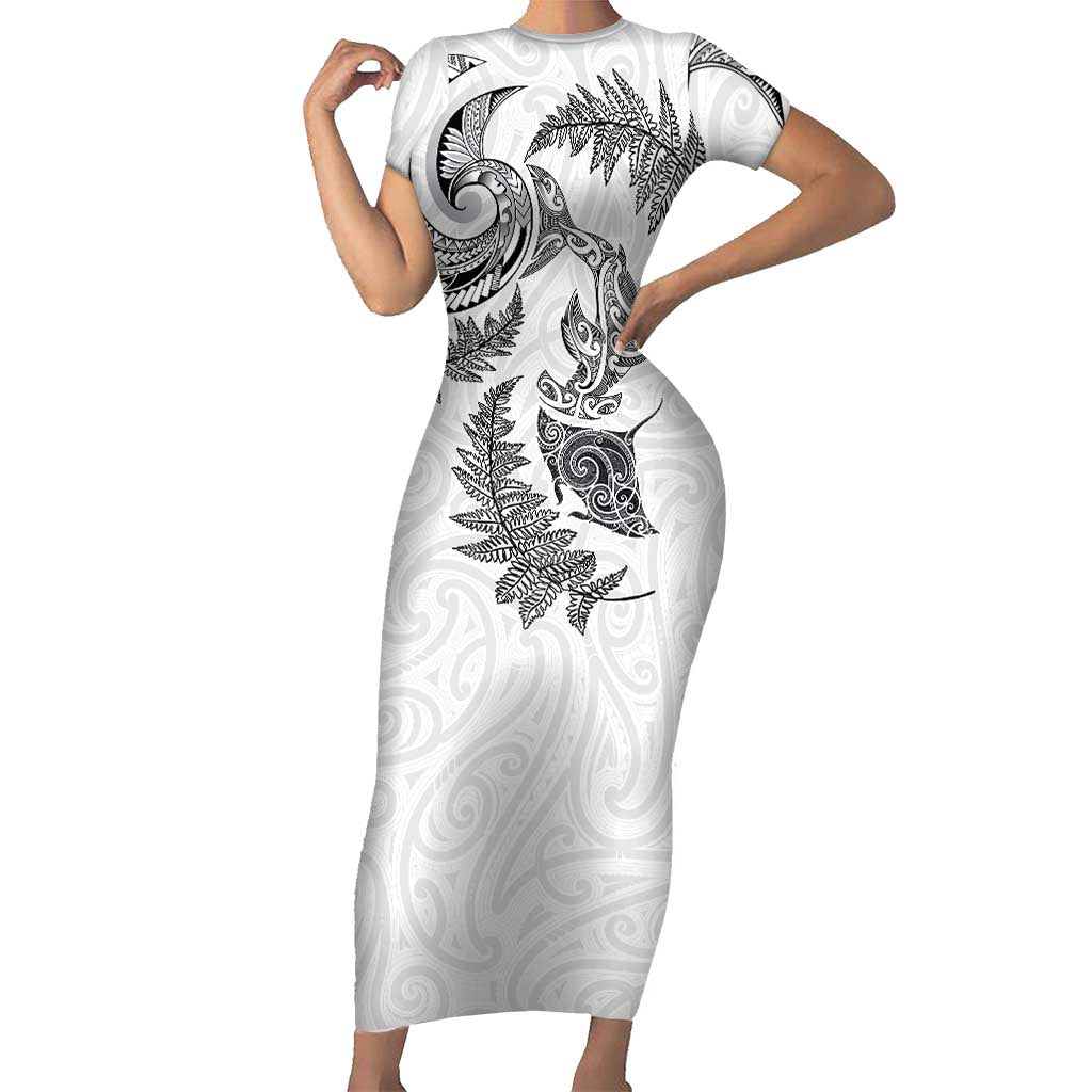 New Zealand Sea Animals with Maori Tribal Tattoo Family Matching Short Sleeve Bodycon Dress and Hawaiian Shirt Shark Manta Ray with Silver Fern White LT03 Mom's Dress White - Polynesian Pride