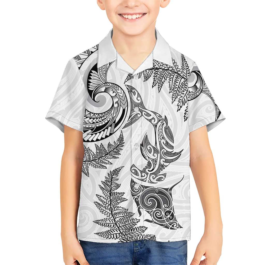 New Zealand Sea Animals with Maori Tribal Tattoo Family Matching Short Sleeve Bodycon Dress and Hawaiian Shirt Shark Manta Ray with Silver Fern White LT03 Son's Shirt White - Polynesian Pride