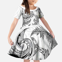 New Zealand Sea Animals with Maori Tribal Tattoo Family Matching Summer Maxi Dress and Hawaiian Shirt Shark Manta Ray with Silver Fern White LT03 Daughter's Dress White - Polynesian Pride