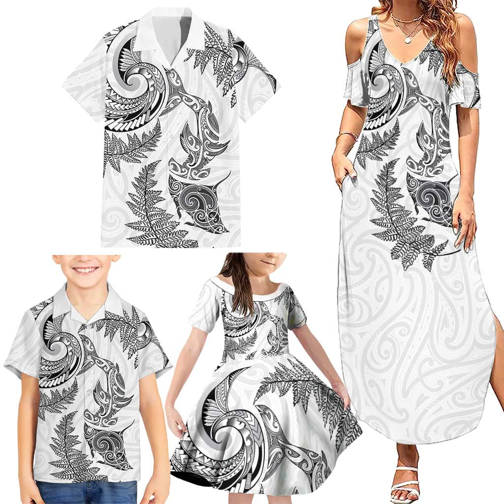 New Zealand Sea Animals with Maori Tribal Tattoo Family Matching Summer Maxi Dress and Hawaiian Shirt Shark Manta Ray with Silver Fern White LT03 - Polynesian Pride