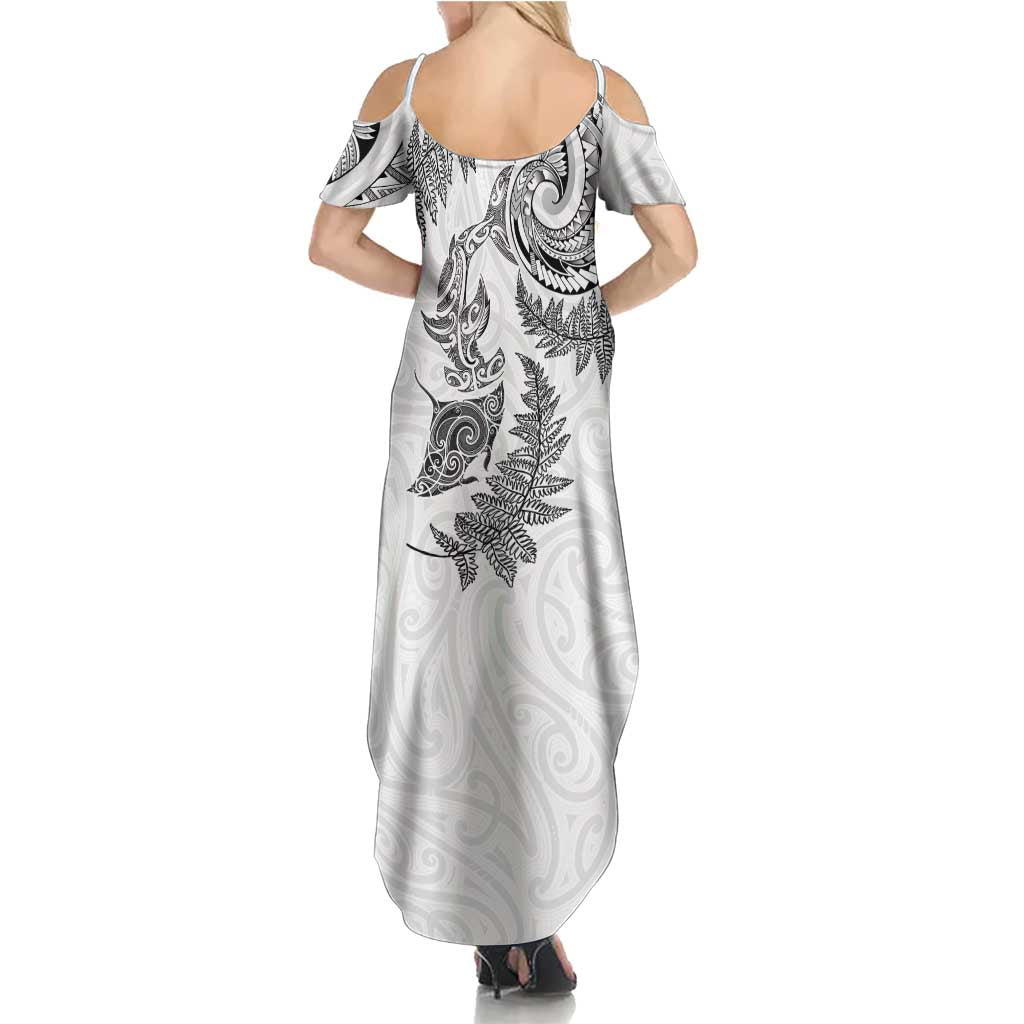 New Zealand Sea Animals with Maori Tribal Tattoo Family Matching Summer Maxi Dress and Hawaiian Shirt Shark Manta Ray with Silver Fern White LT03 - Polynesian Pride