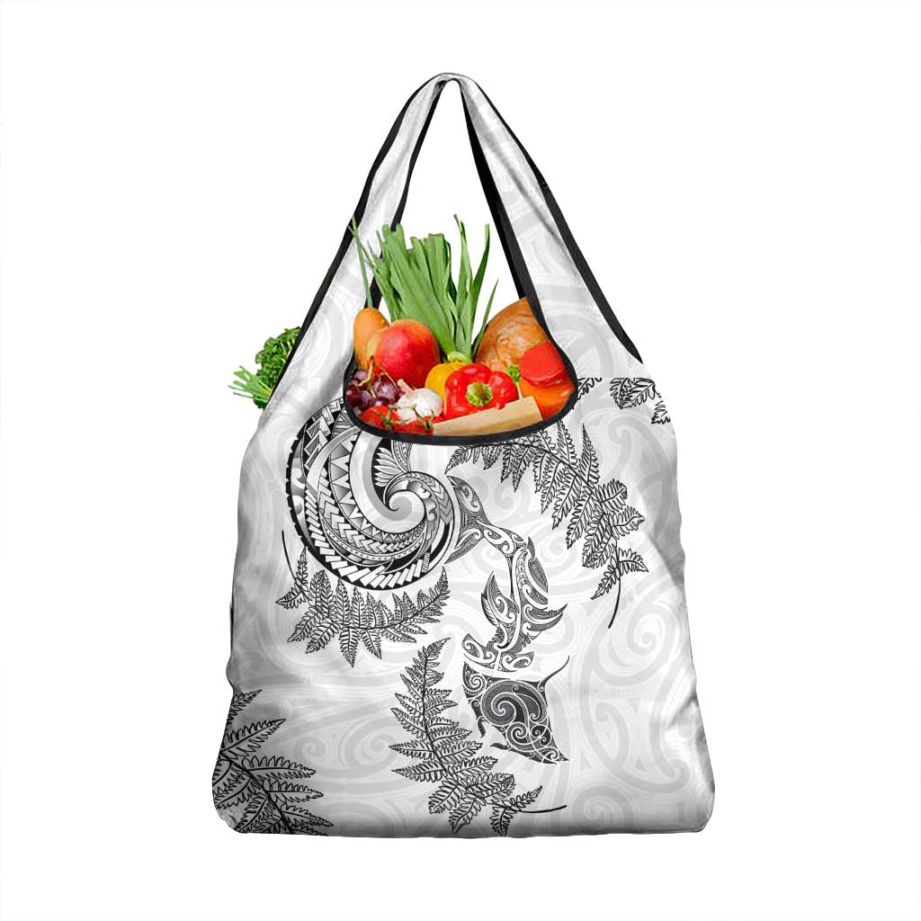 New Zealand Sea Animals with Maori Tribal Tattoo Grocery Bag Shark Manta Ray with Silver Fern White LT03 1-pack One Size White - Polynesian Pride