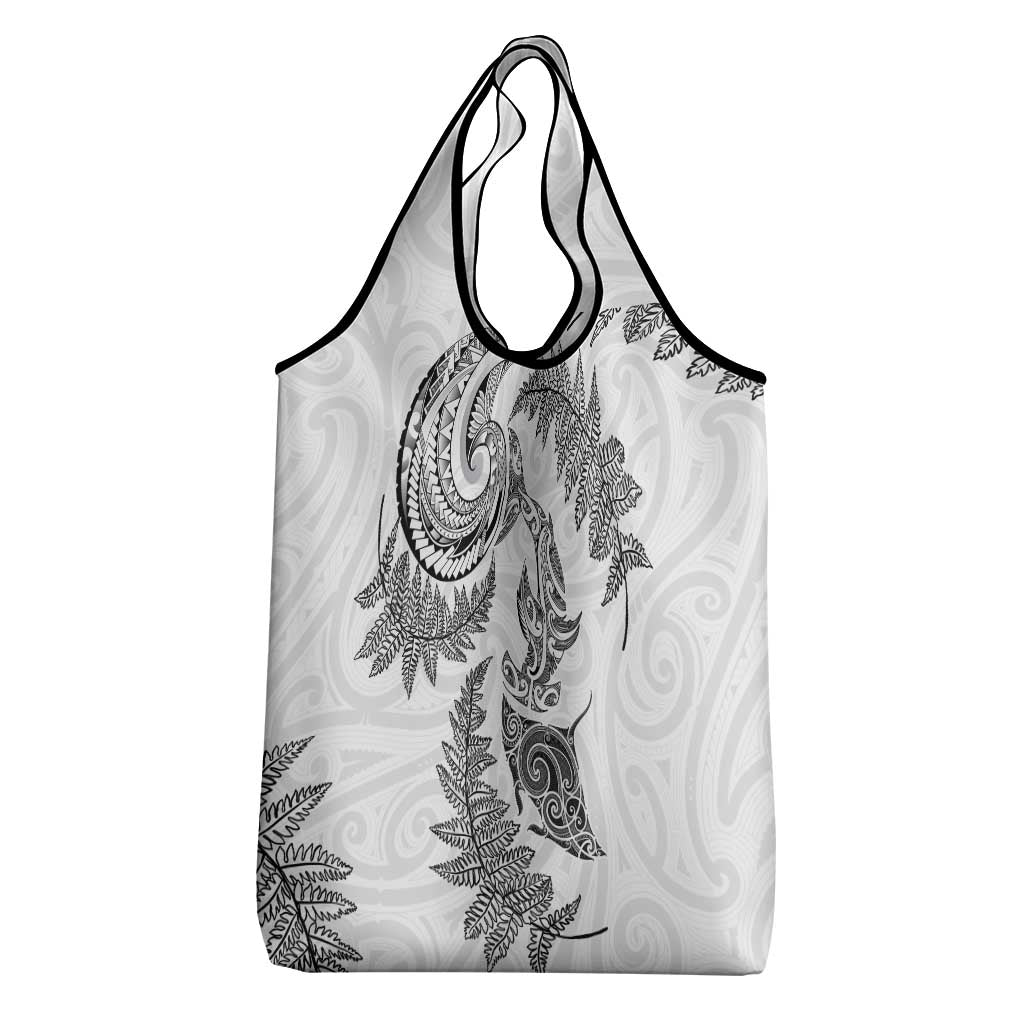 New Zealand Sea Animals with Maori Tribal Tattoo Grocery Bag Shark Manta Ray with Silver Fern White LT03 - Polynesian Pride
