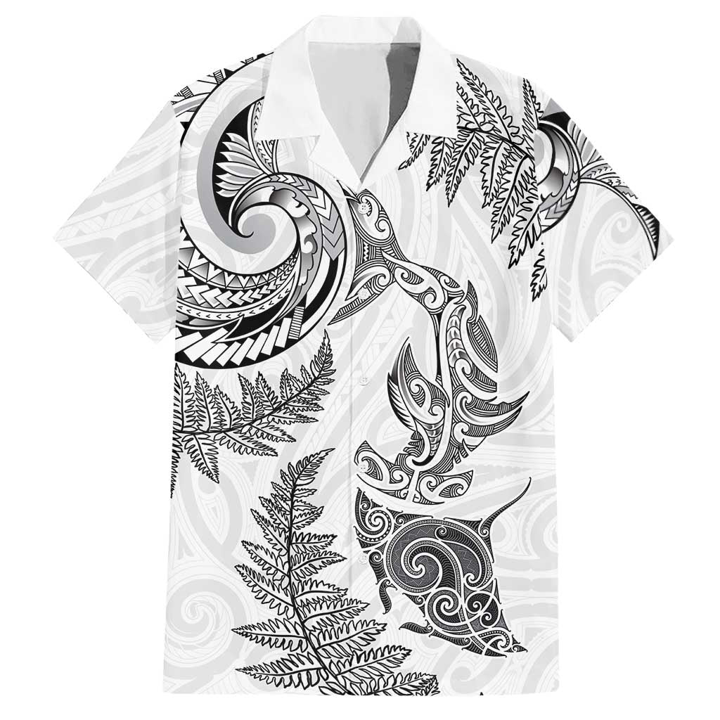 New Zealand Sea Animals with Maori Tribal Tattoo Hawaiian Shirt Shark Manta Ray with Silver Fern White LT03 White - Polynesian Pride