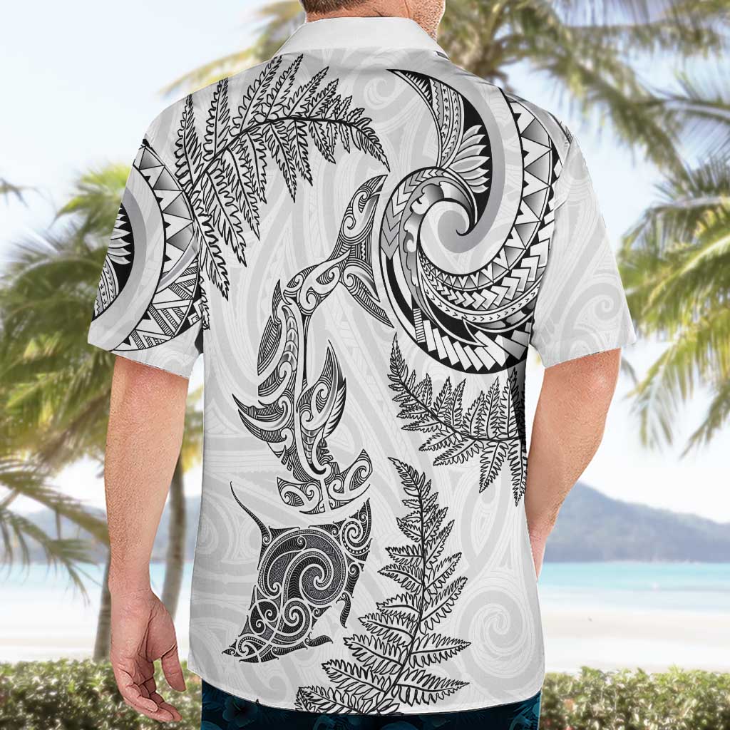 New Zealand Sea Animals with Maori Tribal Tattoo Hawaiian Shirt Shark Manta Ray with Silver Fern White LT03 - Polynesian Pride