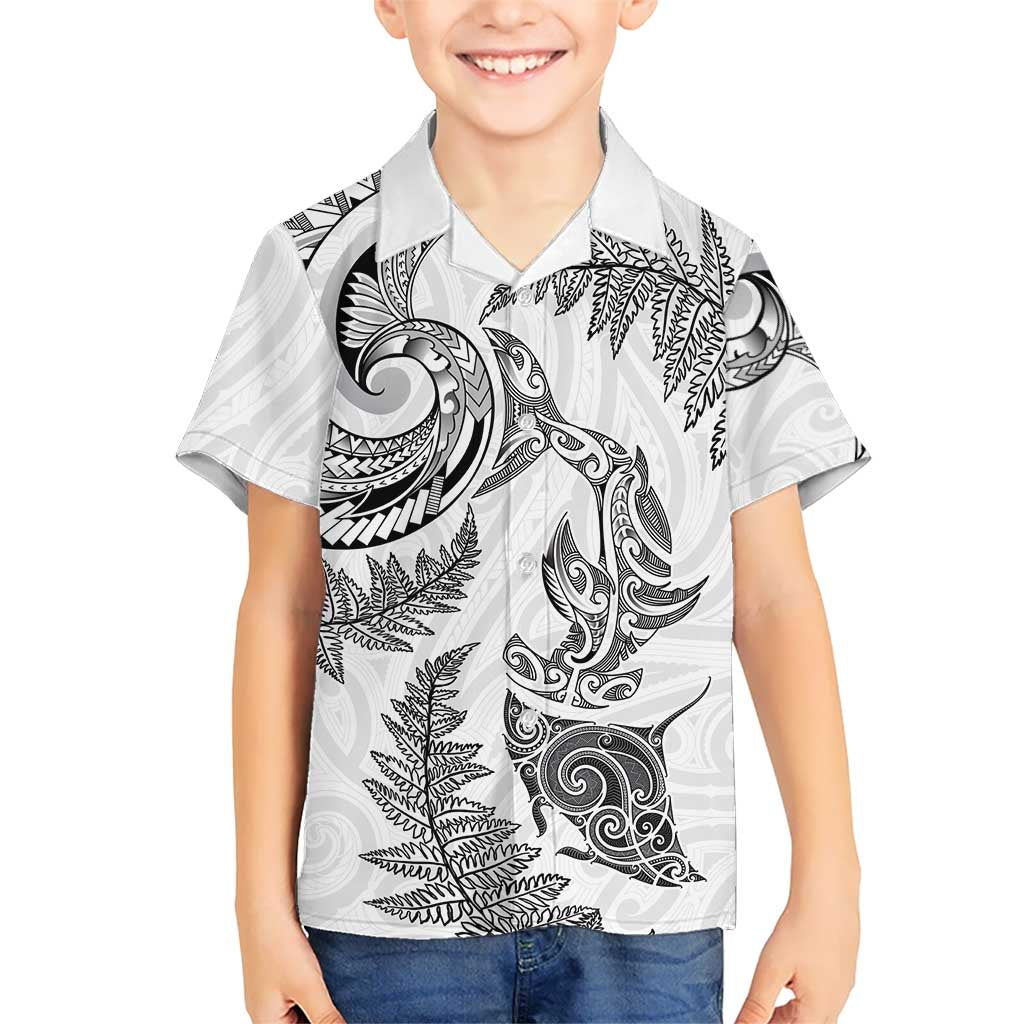 New Zealand Sea Animals with Maori Tribal Tattoo Hawaiian Shirt Shark Manta Ray with Silver Fern White LT03 - Polynesian Pride