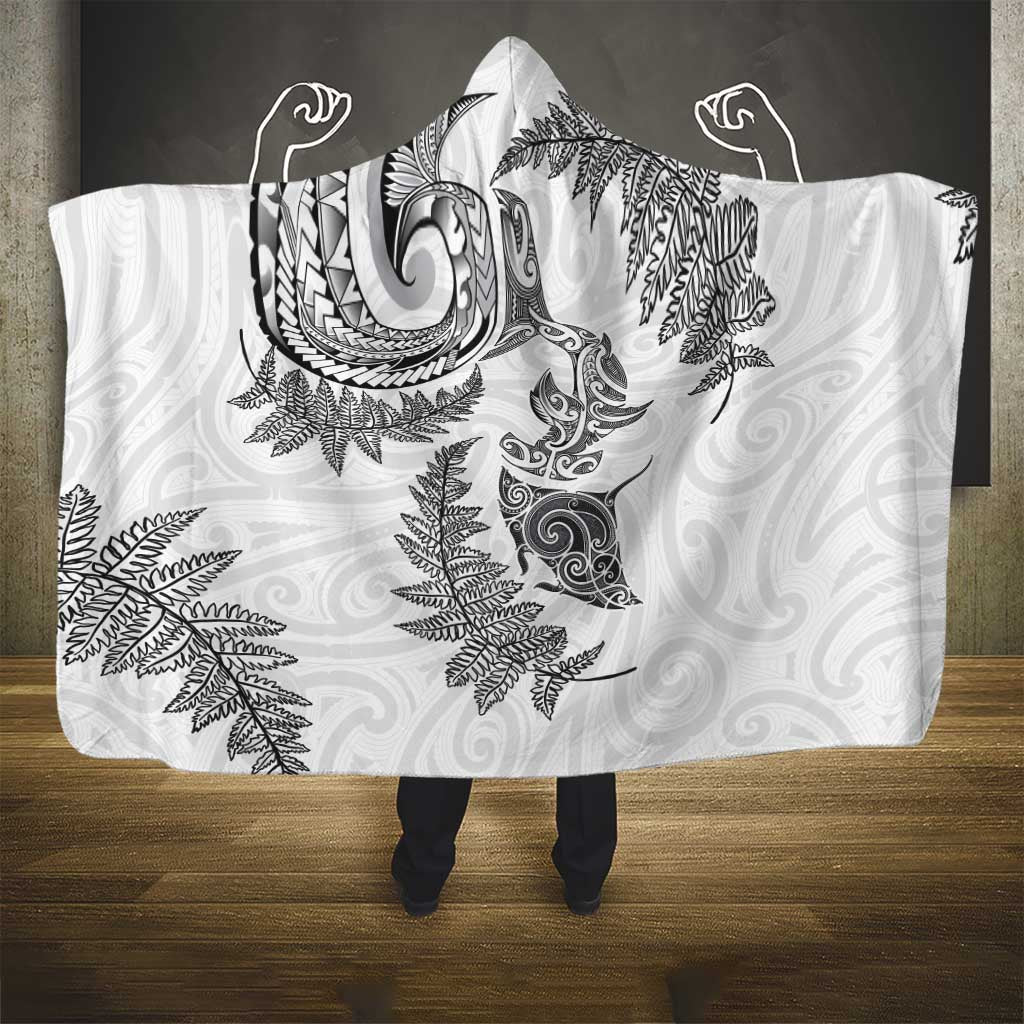 New Zealand Sea Animals with Maori Tribal Tattoo Hooded Blanket Shark Manta Ray with Silver Fern White LT03 - Polynesian Pride