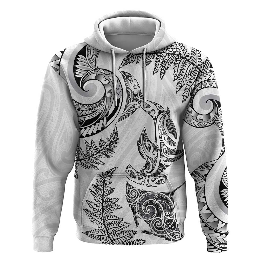 New Zealand Sea Animals with Maori Tribal Tattoo Hoodie Shark Manta Ray with Silver Fern White LT03 Pullover Hoodie White - Polynesian Pride
