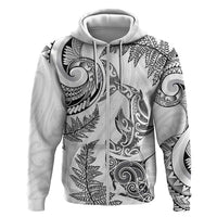 New Zealand Sea Animals with Maori Tribal Tattoo Hoodie Shark Manta Ray with Silver Fern White LT03 Zip Hoodie White - Polynesian Pride