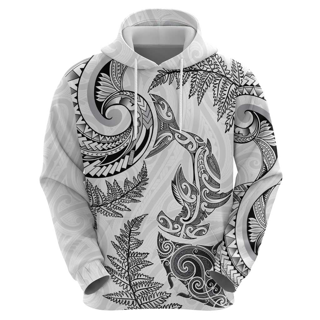 New Zealand Sea Animals with Maori Tribal Tattoo Hoodie Shark Manta Ray with Silver Fern White LT03 - Polynesian Pride