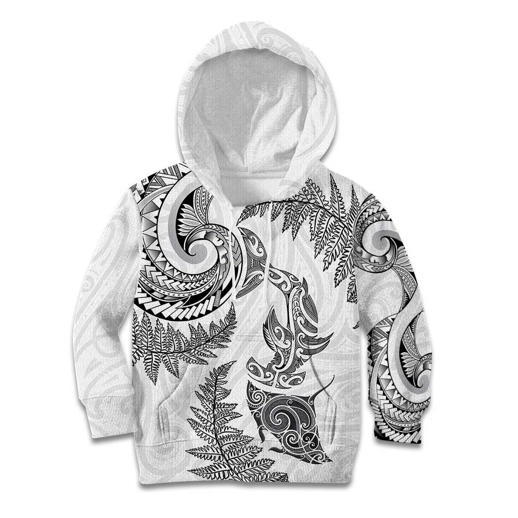 New Zealand Sea Animals with Maori Tribal Tattoo Kid Hoodie Shark Manta Ray with Silver Fern White LT03 Hoodie White - Polynesian Pride
