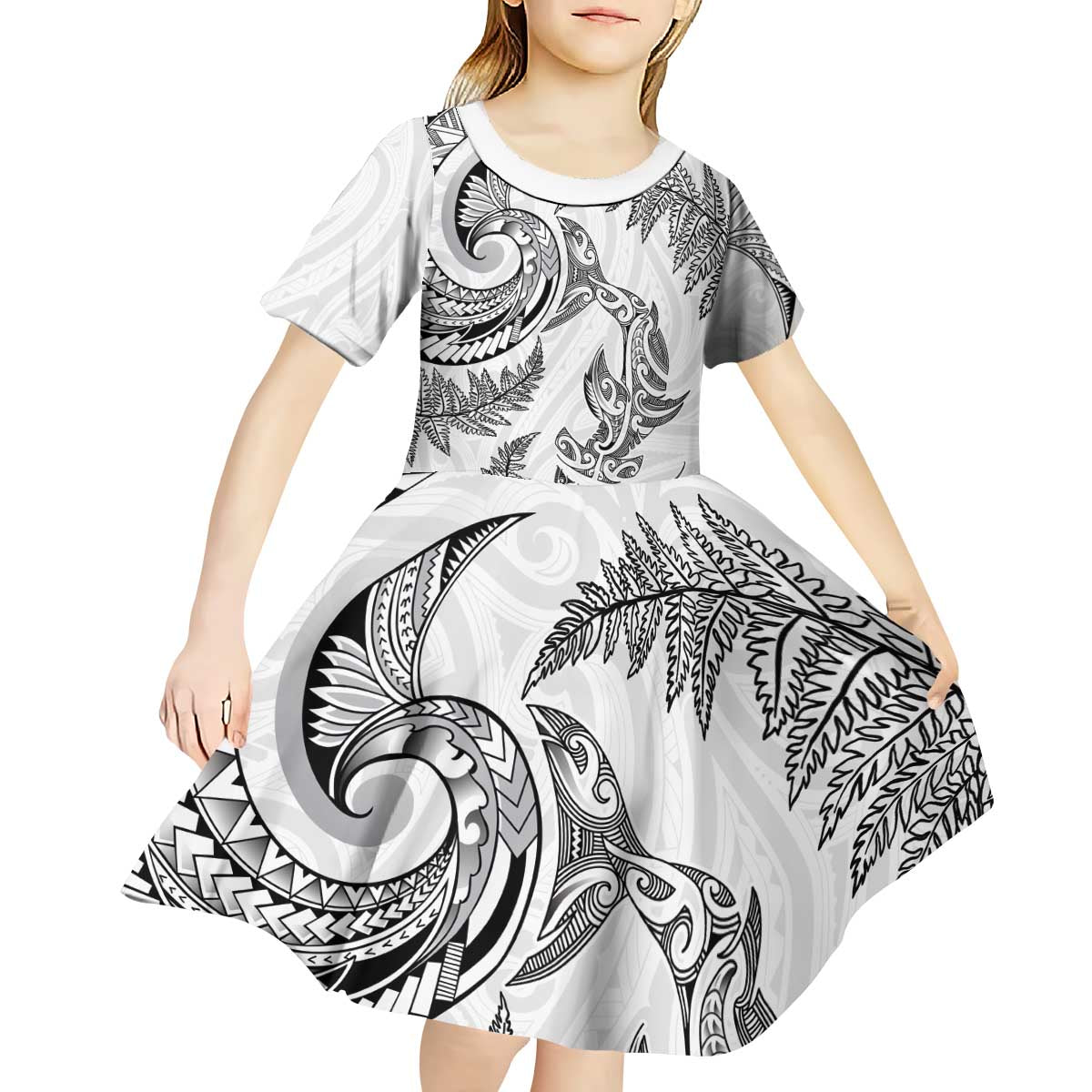 New Zealand Sea Animals with Maori Tribal Tattoo Kid Short Sleeve Dress Shark Manta Ray with Silver Fern White LT03 - Polynesian Pride