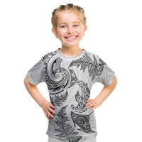 New Zealand Sea Animals with Maori Tribal Tattoo Kid T Shirt Shark Manta Ray with Silver Fern White LT03 White - Polynesian Pride