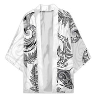 New Zealand Sea Animals with Maori Tribal Tattoo Kimono Shark Manta Ray with Silver Fern White LT03 Unisex White - Polynesian Pride