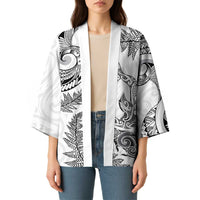 New Zealand Sea Animals with Maori Tribal Tattoo Kimono Shark Manta Ray with Silver Fern White LT03 - Polynesian Pride
