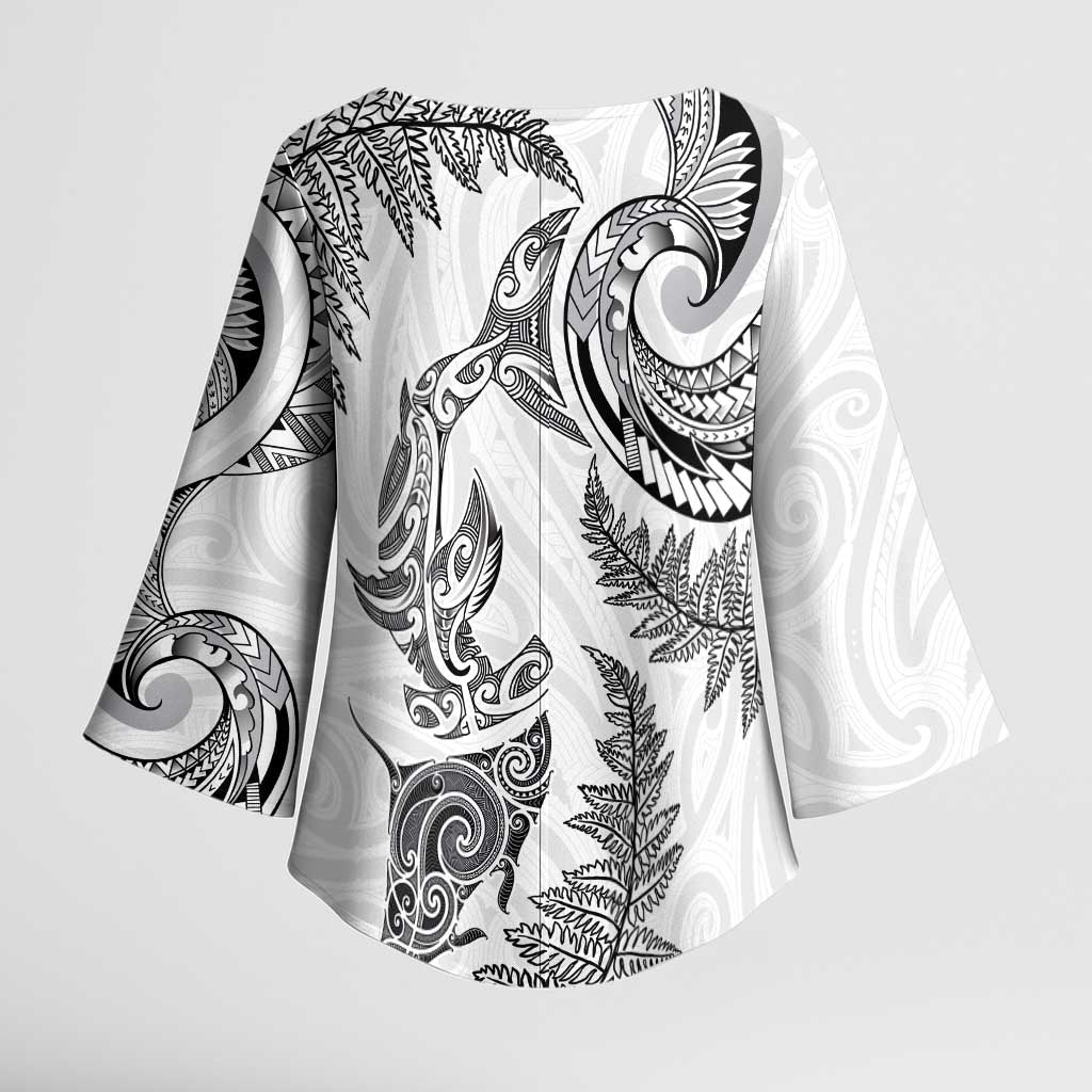 New Zealand Sea Animals with Maori Tribal Tattoo Kimono Sleeve Blouse Shark Manta Ray with Silver Fern White LT03 - Polynesian Pride