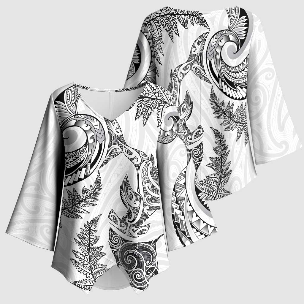 New Zealand Sea Animals with Maori Tribal Tattoo Kimono Sleeve Blouse Shark Manta Ray with Silver Fern White LT03 - Polynesian Pride