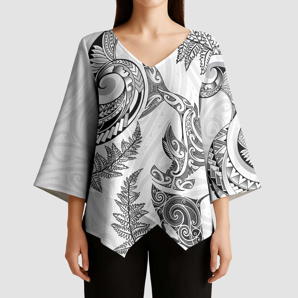 New Zealand Sea Animals with Maori Tribal Tattoo Kimono Sleeve Blouse Shark Manta Ray with Silver Fern White LT03 - Polynesian Pride