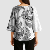New Zealand Sea Animals with Maori Tribal Tattoo Kimono Sleeve Blouse Shark Manta Ray with Silver Fern White LT03 - Polynesian Pride