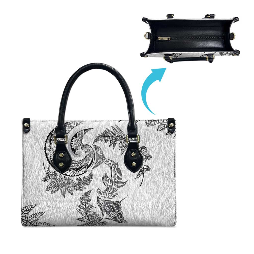 New Zealand Sea Animals with Maori Tribal Tattoo Leather Bag Shark Manta Ray with Silver Fern White LT03 - Polynesian Pride